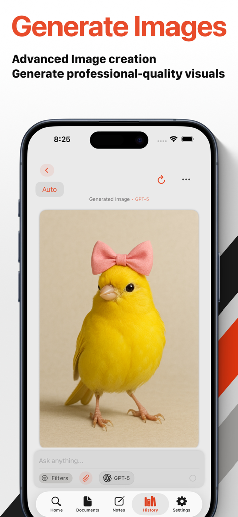 Chunk: AI Research Assistant - iPhone screen showing the Chunk AI app interface with a generated image of a small yellow bird wearing a pink bow.