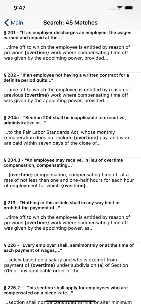 CA Labor Code 2026 - A list of search results for the term overtime within the California Labor Code mobile app interface.