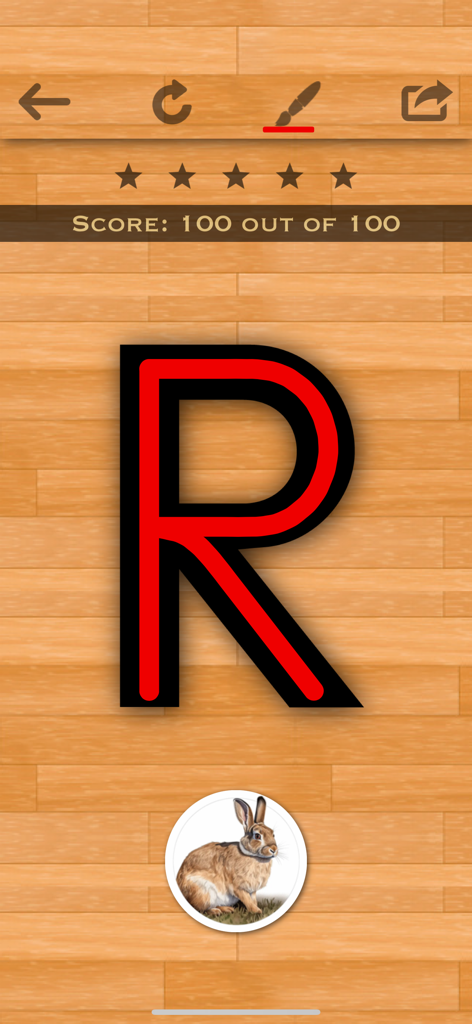 English 101 - Learn to Write - Una pantalla de aplicación móvil que muestra una letra R roja trazada con una puntuación de 100 sobre 100 y un icono de conejo para asociación de palabras.