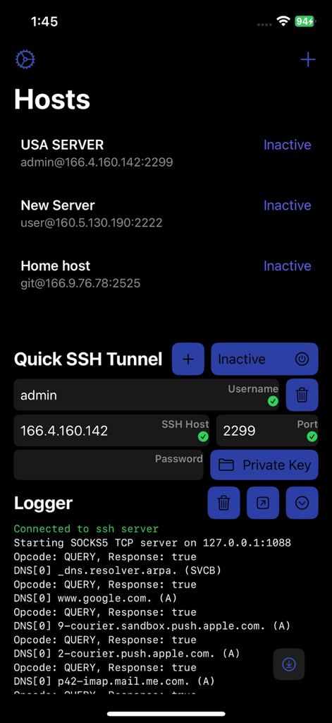 SocksSSH - SocksSSH mobile app dashboard showing the host list quick SSH tunnel configuration and live connection logger