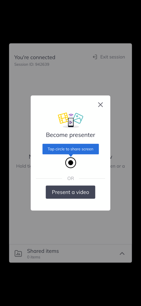 The SMART Mirror app interface showing a Become Presenter pop-up with options to share the screen or present a video.