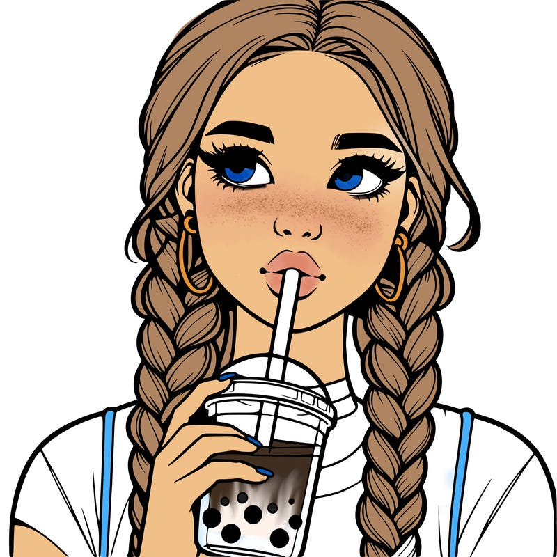 realistic girl with braided hair drinking boba