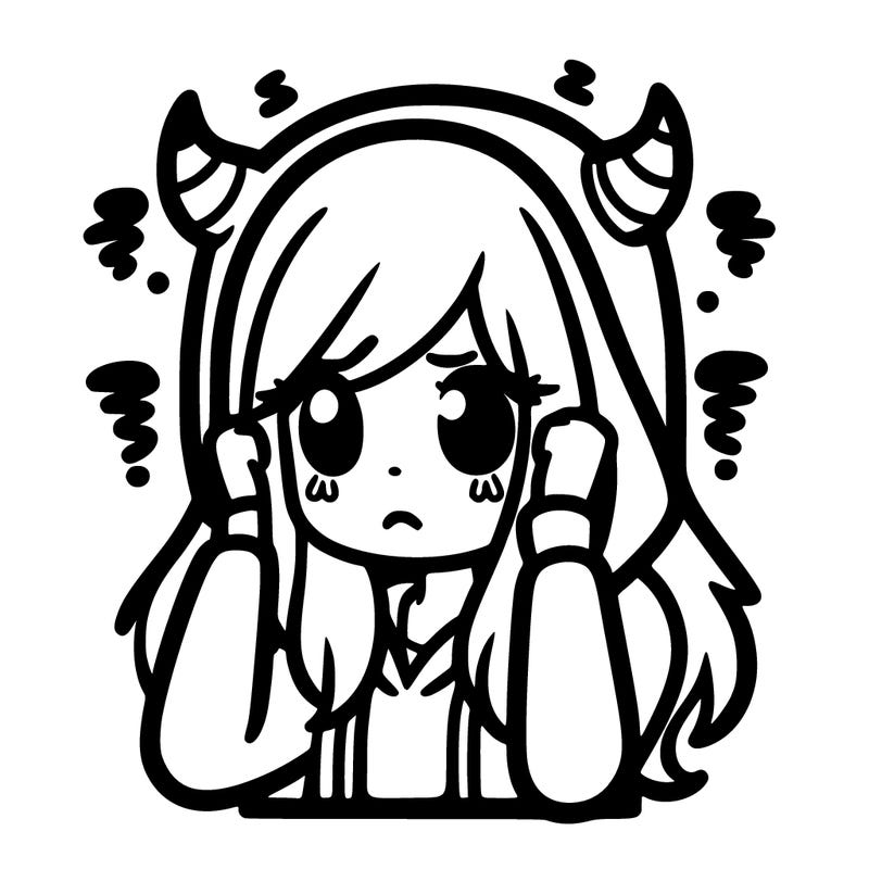 stressed girl whith long hair hoodie and small horns