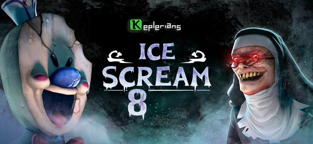Ice Scream 8: Horror Games - Bannière du jeu d'horreur Ice Scream 8 avec Rod et la Nonne Maléfique
