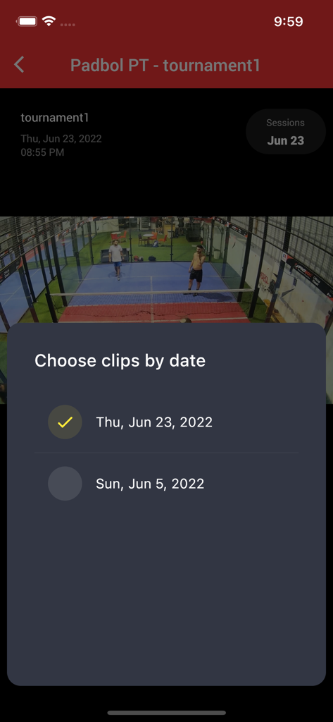 Selection screen in the PUSHIT app to filter sports video segments by date