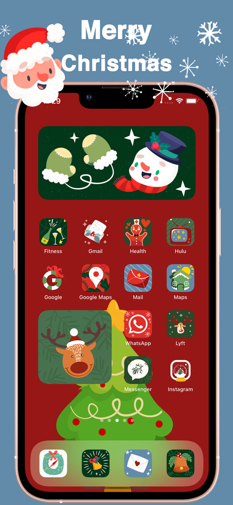 Themery - Widget & Icon Themes - A festive Christmas themed iPhone home screen with custom holiday app icons and widgets from the Themery app
