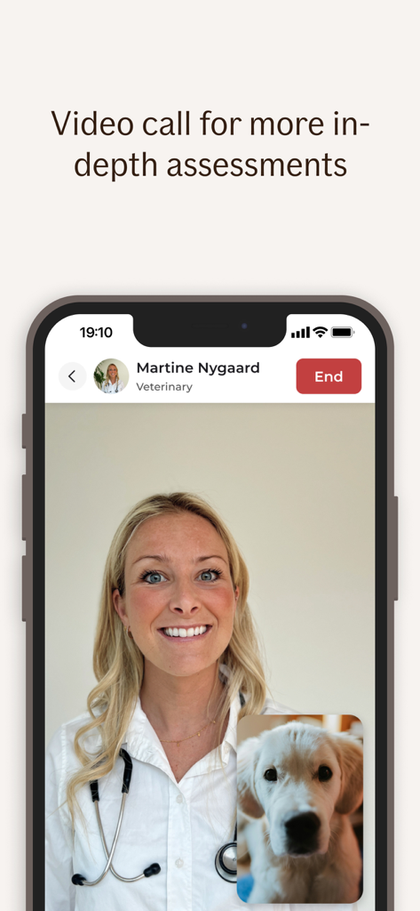 If Djurhjälpen - Interfaz móvil que muestra una consulta por video con un veterinario y un perro