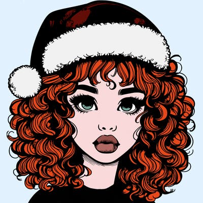realistic girl with a santa hat curly hair and lips