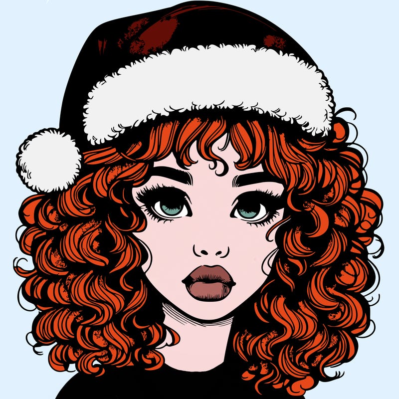 realistic girl with a santa hat curly hair and lips