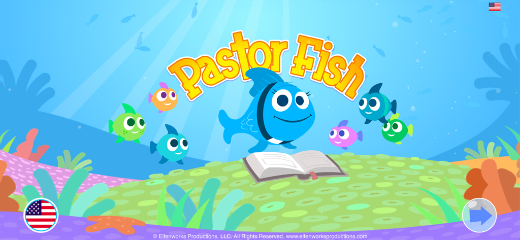 A blue fish character wearing a clerical collar reading an open book underwater surrounded by colorful minnows.
