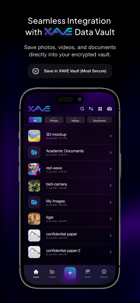 xPal Ultra Secure Messenger - xPal Ultra Secure Messenger screen showing integration with Xave Data Vault for encrypted file storage