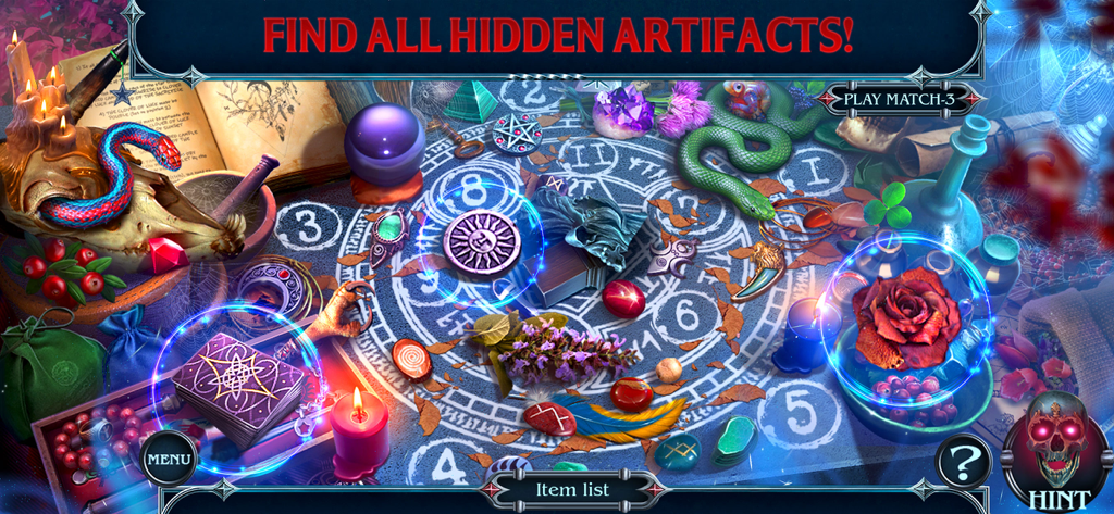 City Legends: The Curse - A hidden object puzzle scene in City Legends The Curse showing various mystical items like a skull, snake, and artifacts