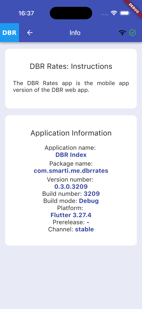 DBR Index app information screen displaying version and build details