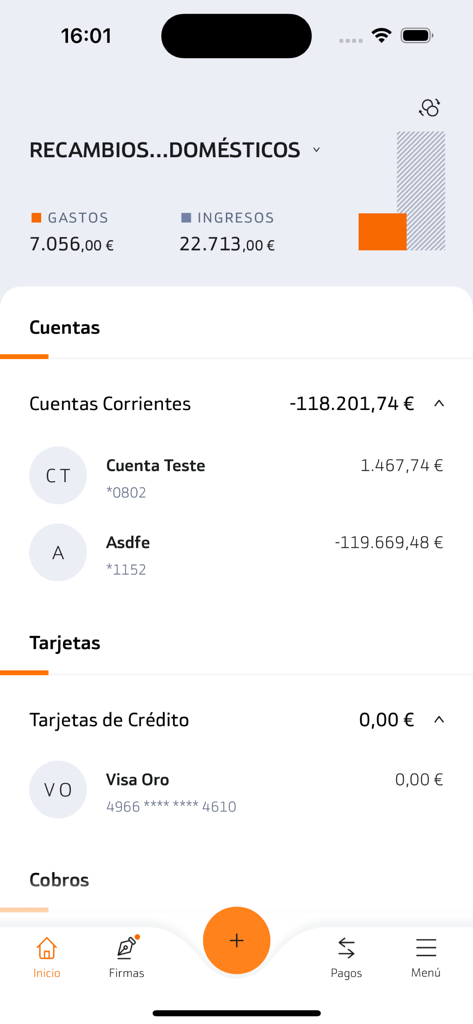 ビジネス口座残高と財務概要を示すBankinter Empresasアプリのホーム画面