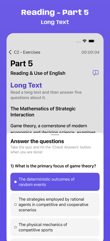 Interfaccia del simulatore d'esame Cambridge C2 che mostra un esercizio di Reading Part 5 con testo lungo e domande a scelta multipla.