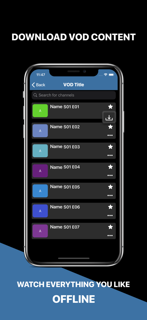 Mega IPTV - m3u Player - Mega IPTV app interface showing a list of video episodes available for download and offline viewing