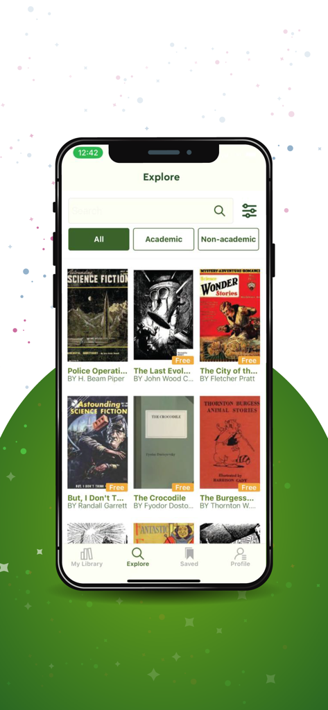 Akello Library - Explore screen of Akello Library app displaying various book covers and search filters