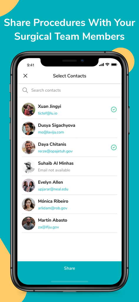 ScrubUp Surgical Procedures - ScrubUp app interface for sharing surgical procedures with medical team members