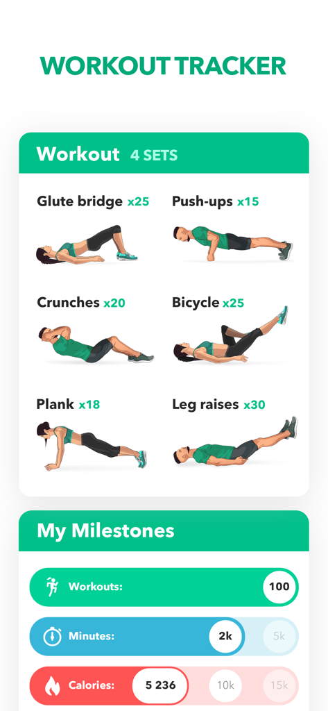 Workout tracker interface showing bodyweight exercises and fitness milestones for calories and minutes.