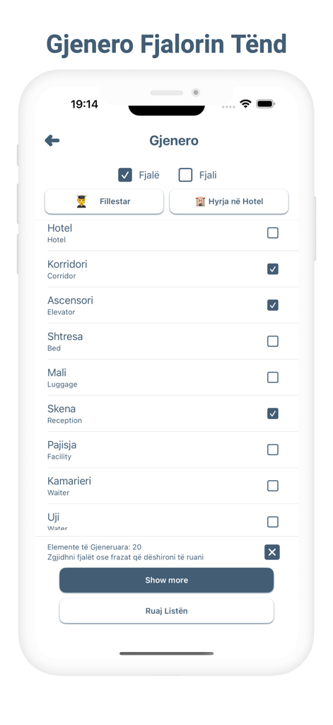 Meso Anglisht - ホテル関連用語のアルバニア語から英語への翻訳が表示された語彙リストを示すメソ・アングリシュアプリのインターフェース