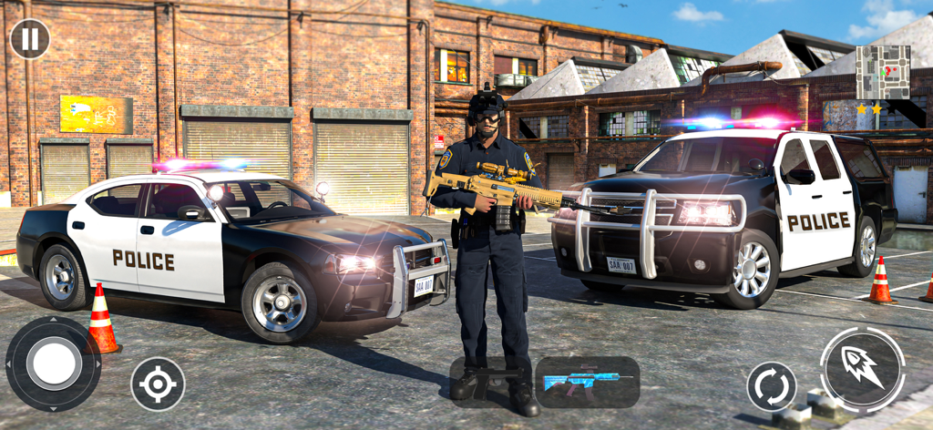 A police officer character standing between two patrol vehicles in a city environment