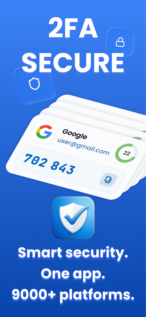 2FA Authenticatorアプリのインターフェース。安全なGoogleログインコードとサポートされている全プラットフォームが表示されています。