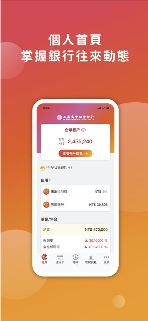 上海商業儲蓄銀行『掌上銀』 - Página de inicio personal de la aplicación móvil SCSB Palm Banking que muestra el saldo de la cuenta en TWD y el resumen de la tarjeta de crédito