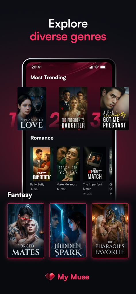 My Muse: Stream Short Series - Interface of the My Muse app displaying trending short form series in romance and fantasy genres.