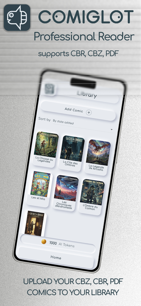 AI Comic Translator: Comiglot - Comiglot app library interface showing imported digital comics and support for CBR CBZ and PDF files