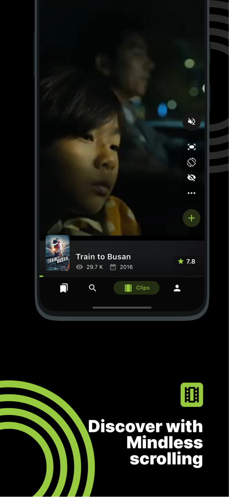 Cineswipe app interface showing a vertical movie clip discovery feature with the text Discover with Mindless scrolling