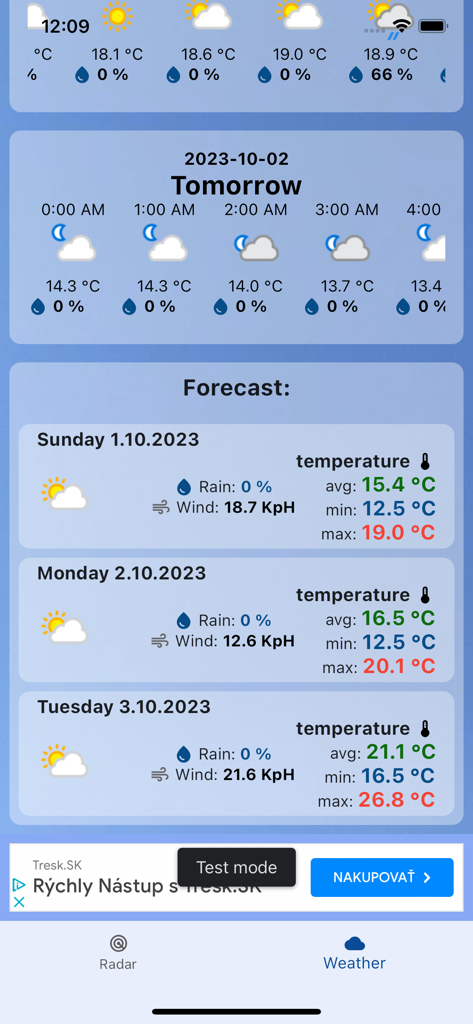 Weather radar Europe - Weather Radar Europe app displaying a three day weather forecast with temperature and wind details