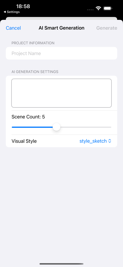 AI Smart Generation interface in the SmartBoard app featuring project name input, scene count slider, and visual style selection.