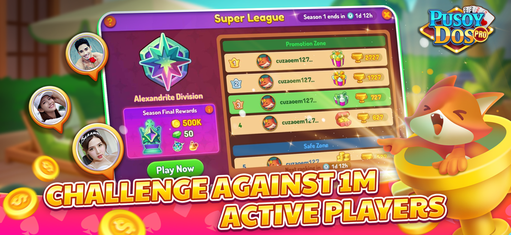 Pantalla de tabla de clasificación de ZingPlay Pusoy Dos mostrando los rangos de la Superliga y las recompensas de la temporada