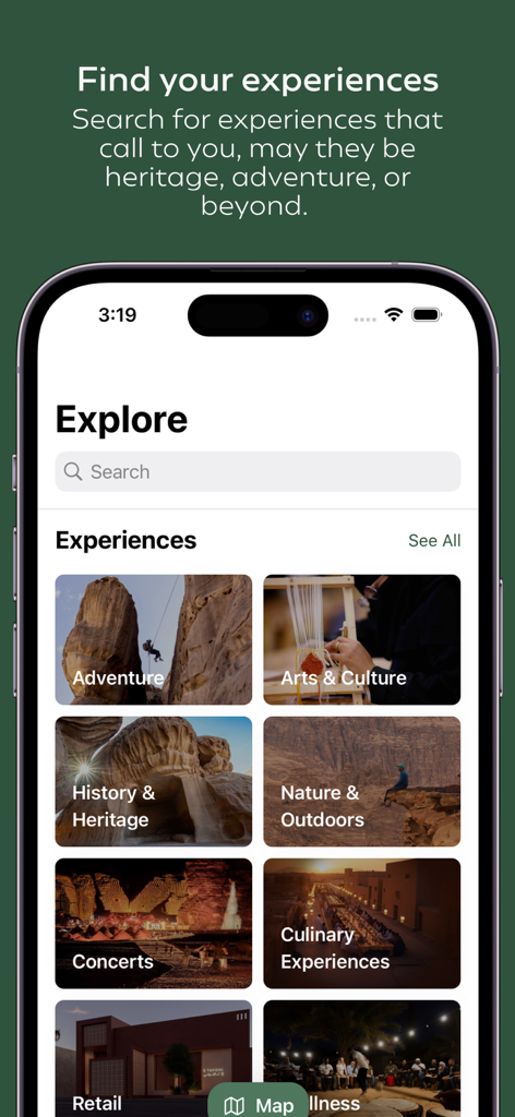 Experience AlUla - The explore screen of the Experience AlUla mobile app displaying travel categories like Adventure History Heritage and Culinary Experiences.