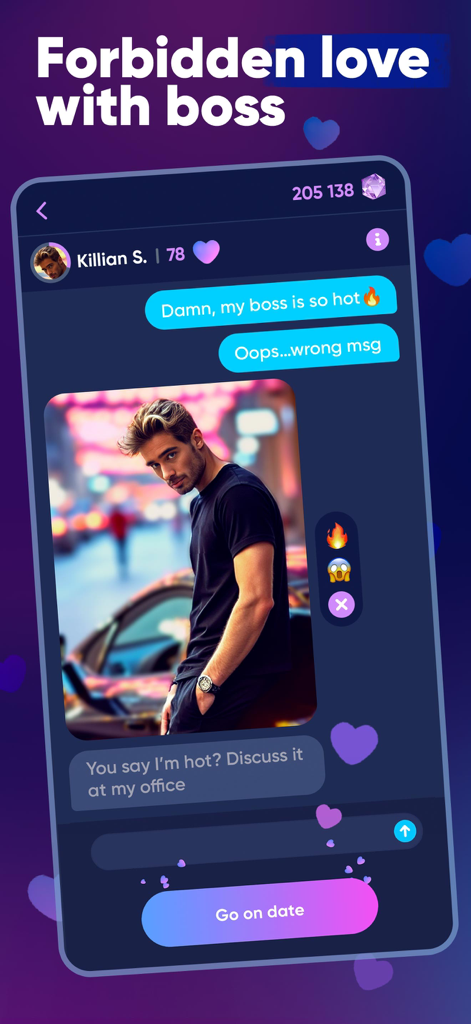 Interactive chat screen featuring a romantic storyline with a boss character in My Hot Diary