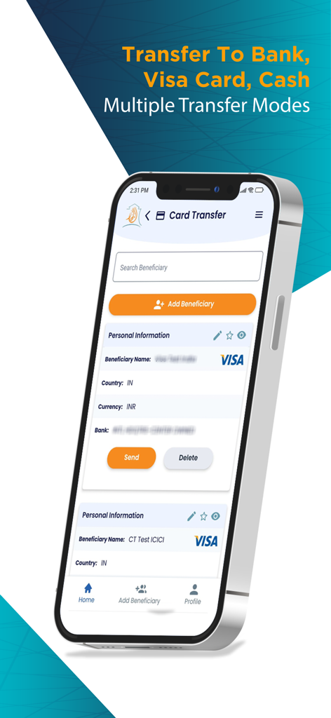 ALDAR FOR EXCHANGE WORKS - Aldar Exchange mobile app screen for managing card transfer beneficiaries.