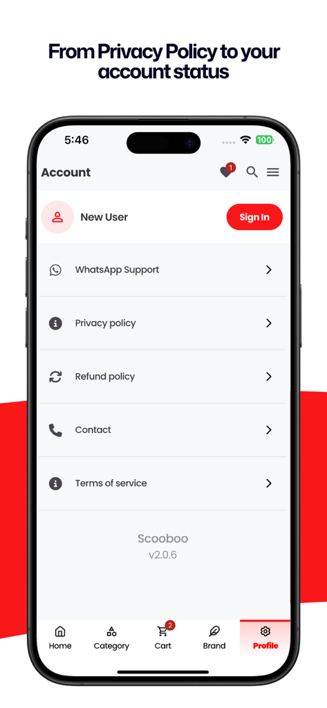 SCOOBOO - SCOOBOO App-Profilseite mit Anmeldeschaltfläche und Support-Optionen