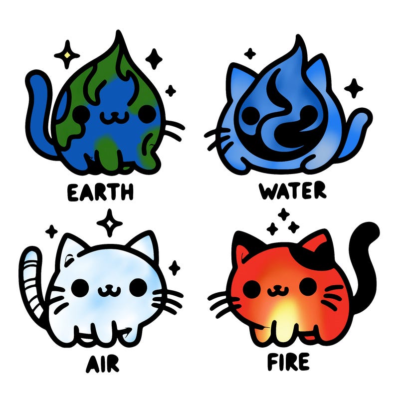4 cats that represent the different elements, earth, water, air, and fire