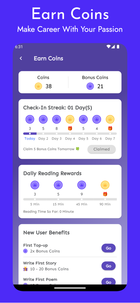 Panel de recompensas de la aplicación Writco que muestra las ganancias de monedas por rachas de registro diario y desafíos de lectura.