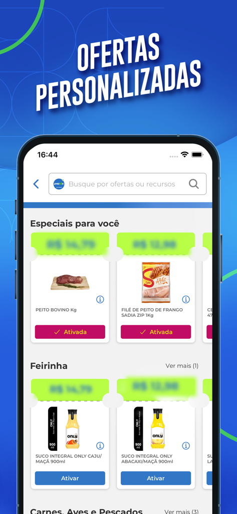 Prezunic - Mobile screen of the Prezunic supermarket app showing personalized grocery discounts for meat and fresh juices