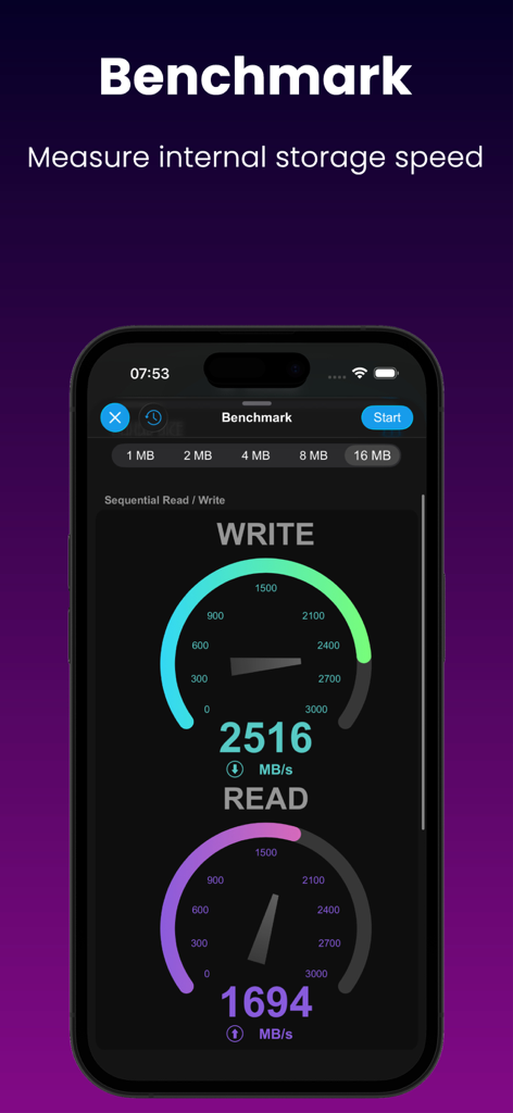 Mobile app screen showing a disk benchmark tool measuring sequential read and write speeds with visual gauges.