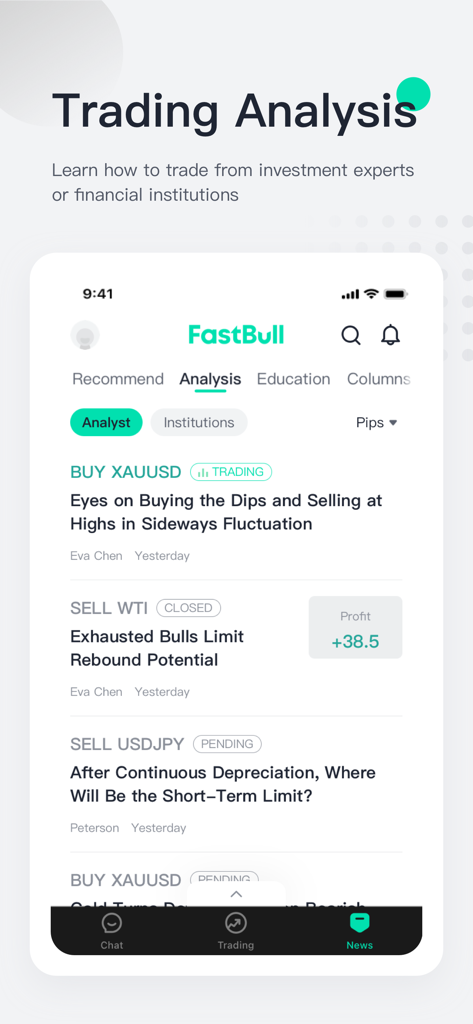 FastBull:Finance Charts & Chat - Interfaz de la aplicación FastBull que muestra análisis de trading de expertos y señales del mercado.