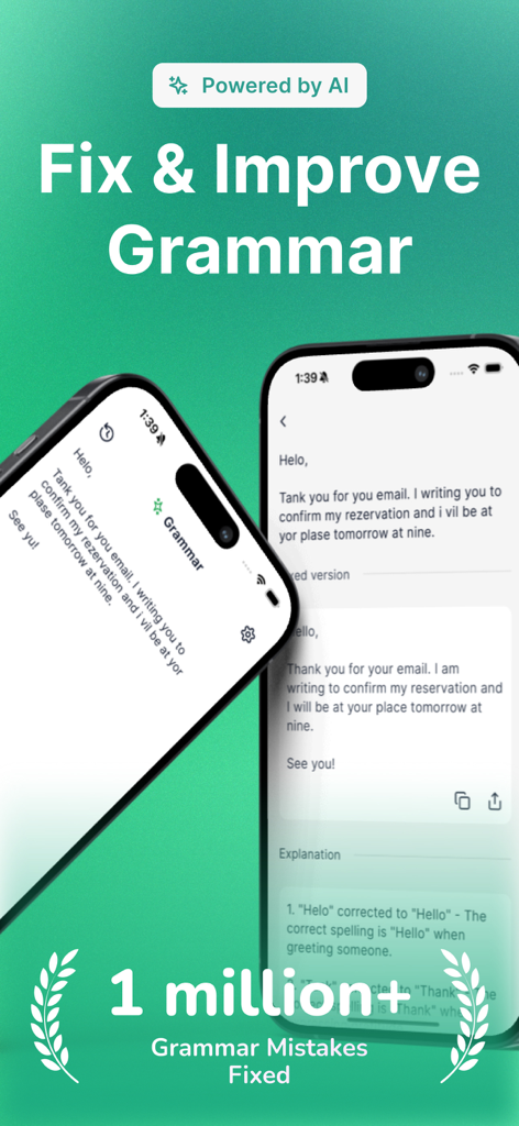 AI-powered grammar check app showing text correction and spelling explanations on mobile device