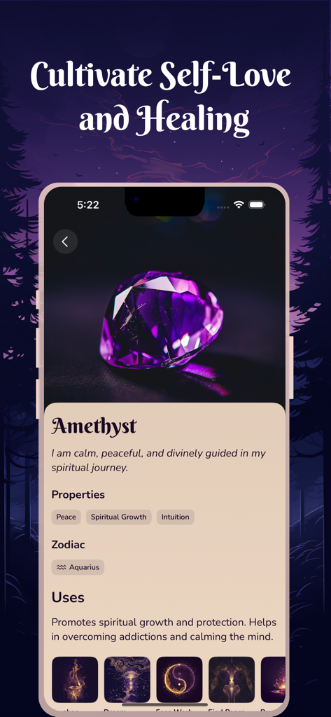 Witchcraft & Wicca - Coven App - Detailed view of amethyst crystal properties and spiritual uses in the Coven app