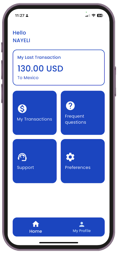 Home screen of the Maxi Money Status app showing a recent money transfer of 130 dollars to Mexico