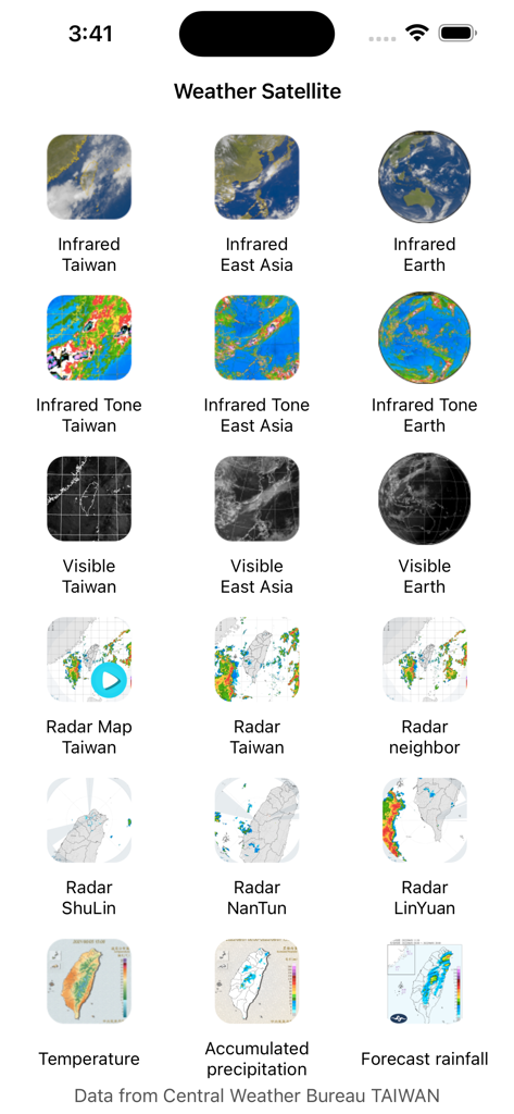 Weather Satellite Live Taiwan - Un panel de control de la aplicación Weather Satellite Live Taiwan que muestra varias opciones meteorológicas, incluidas imágenes satelitales infrarrojas, mapas de radar y pronósticos de lluvia para Taiwán y Asia Oriental.