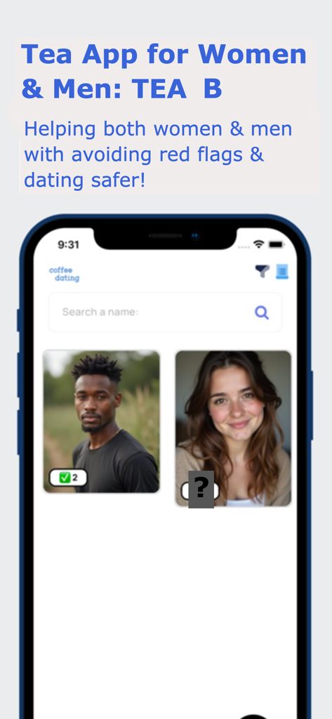 Tea App for Women & Men: TEA B - TEA B mobile app interface showing a search bar and user profiles for dating safety and red flag checking