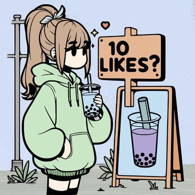 girl with oversized hoodie drinking boba and she has a high ponytail with a sign that says 10likes?