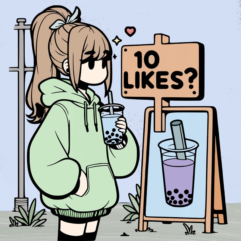 girl with oversized hoodie drinking boba and she has a high ponytail with a sign that says 10likes?