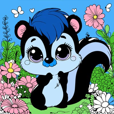 a cute skunk with big eyes in a realistic field of flowers